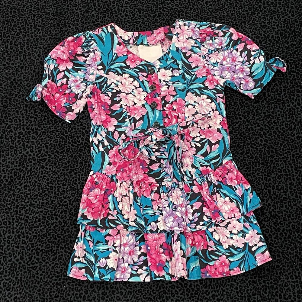 Vintage‎ Girls Dress Floral Size 4 Colorful Summer Party Ruffles Bow USA